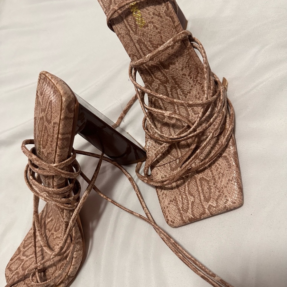 Tan High-Heeled Square Toe Sandals